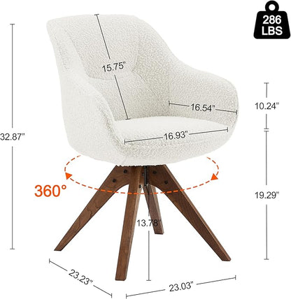 Art Leon Desk Chair No Wheels, Mid Century Modern Office Chair, Swivel Accent Chair with Oak Wood Legs, Boucle Fabric Upholstered Arm Chair, White