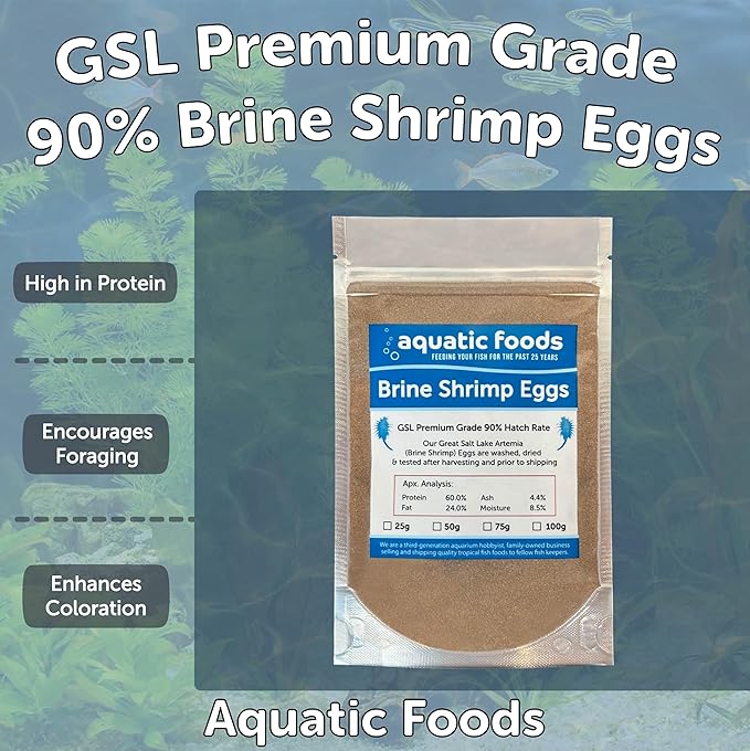 Aquatic Foods Inc. Brine Shrimp Artemia Eggs, Premium Grade 90% Hatch Rate from The Great Salt Lake, Utah, USA- 200 Grams 7.05oz