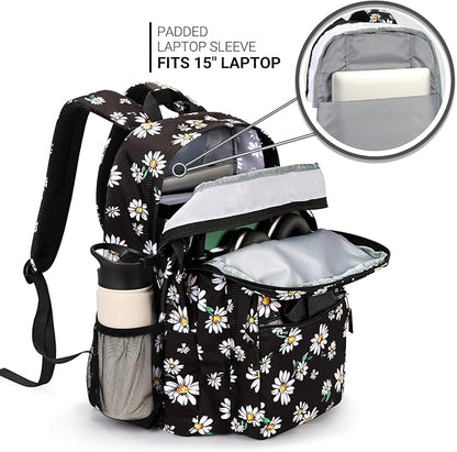ZORFIN 26L Backpack for College, and Travel: Water Resistant Bookbag - Daisy Black