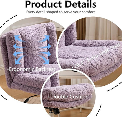 Cross Legged Office Chair with Wheels, Comfy Armless Office Chair with Extra-Deep Seat & 2-Layer Cushions, Adjustable Height, Tilt-Back Swivel Faux Fur Vanity Chair for Home Office, Violet