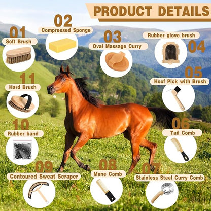 Abbylike 12 Piece Horse Grooming Kit with Organizer Tote Bag Brush Sets for Derby Day Show Horses Professional Tools for Care & Massage(Khaki and Black)