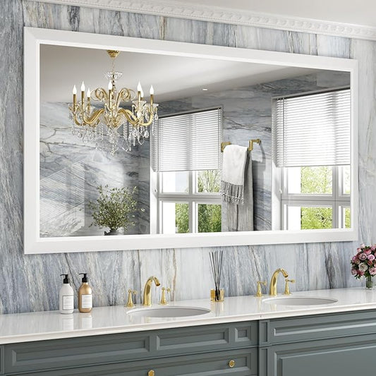 Amorho Bathroom Mirror, 72 X36 Inch White Thick Metal Framed Wall Mirrors