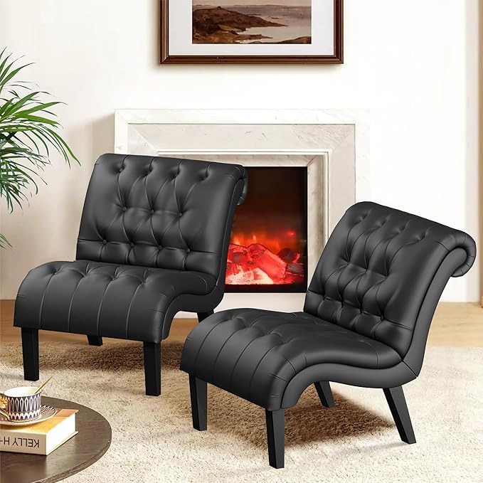 Yongqiang PU Leather Accent Chairs Set of 2 Button Tufted Upholstered Modern Armless Lounge Chair for Bedroom Living Room Chairs Leisure Chair with Wood Legs Black