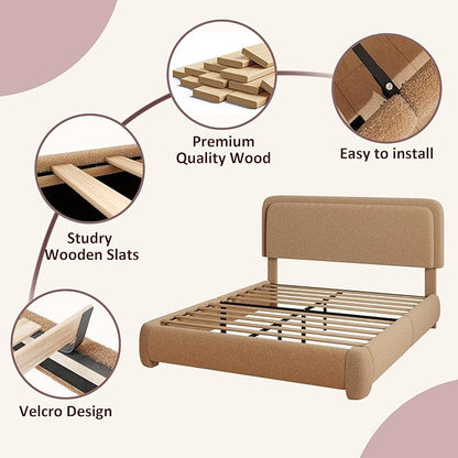 Queen Boucle Platform Bed Frame with Height Adjustable Headboard, Modern Upholstered Cloud Bed, Sleek Curved Design, No Box Spring Needed, Easy Assembly, Noise Free, Camel