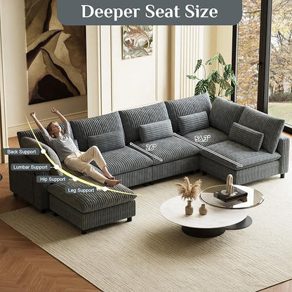 130" W x 67" D U Shape Sectional Sofa with USB Charging & Cup Holder & Storage, 6 Seater Plush Corduroy Couches with Movable Ottoman, Cloud Couch Sofas for Living Room, DIY Combination - Dark Grey