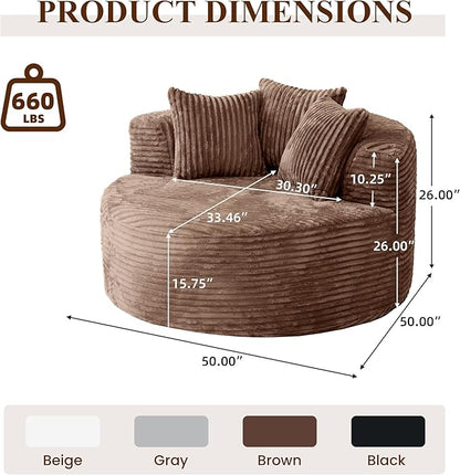 WJShome Oversized Round Chaise Lounge Chair Indoor, Modern 50-inch Upholstered Corduroy Deep Seat Circle Single Foam Couch,Cloud Lounge Floor Sofa Chair for Living Room, Brown