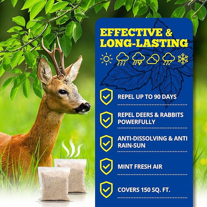 Deer Repellent 12 Pouches, Rabbit Repellent Outdoor for Plants, Natural Deer Deterrent Keep Deer and Rabbit Out of Garden Yard, Powerful Deer Repellent for Orchard Plants Trees Vegetables Flowers