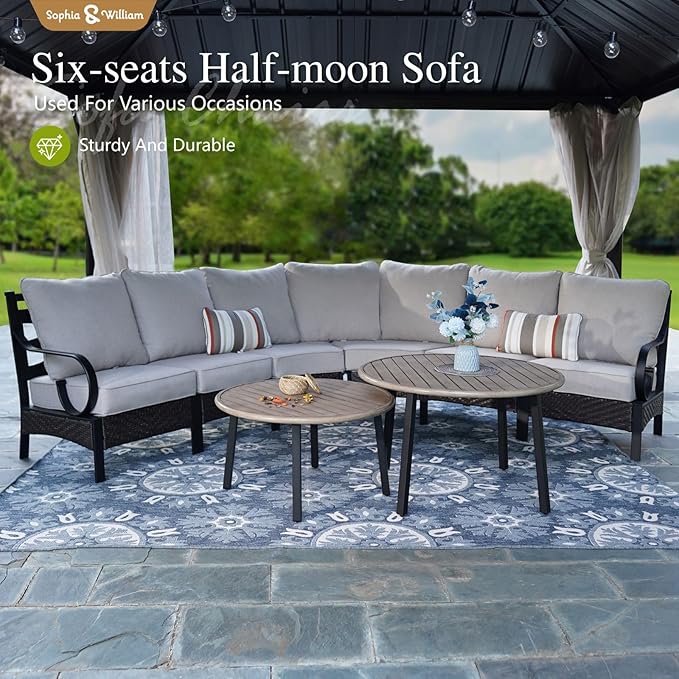 Sophia & William 6 Piece Patio Furniture Set, Half-Moon Curved Outdoor Sofa, Wicker Rattan Outdoor Conversation Sets,Beige