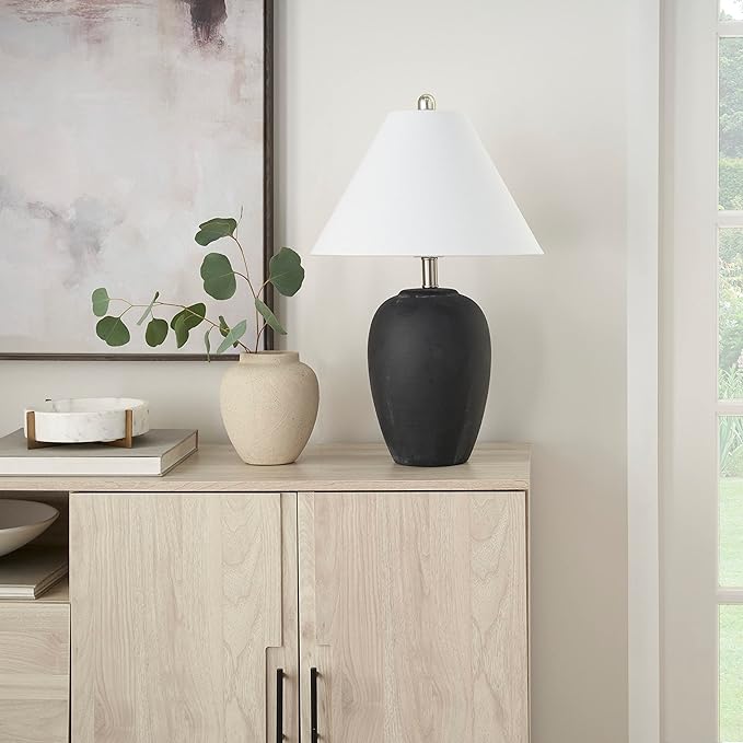 Nourison Home 23" Black Vintage Distressed Ceramic Pot Table Lamp for Bedroom, Living Room, End Table, with White Conical Empire Shade