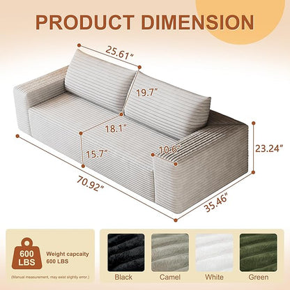 71" Corduroy Loveseat Sofa, 3-Seater Cloud Couch, Boneless Couch in a Box, Comfy Deep Seat Sofa with Memory Foam, Pillows and Wide Armrests, Modern Small Couches for Small Spaces, No Assembly (White)