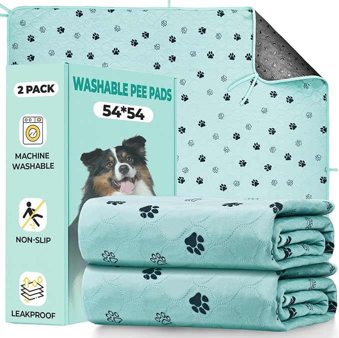 Fostanfly Washable Pee Pads for Dogs, 2 Pack Large 54"x54" Ultra-Absorbent and Leak-Proof Non-Slip Reusable Potty Training Pads for Dogs, Cats, Puppy, Potty of Add 8 Lanyards, Green