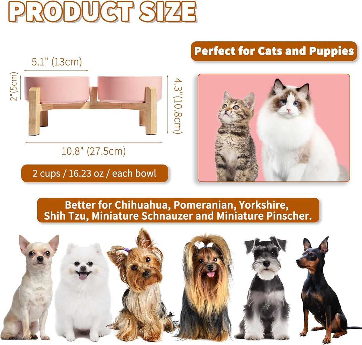 Elevated Ceramic Dog Bowl Set - Raised Feeding Bowls with Non-Slip Bamboo Stand - Small Pet Dishes for Food and Water - Ideal for Cats and Puppies - 16.23 OZ - 2 Cups - 480 ML