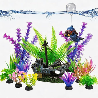 Ameliade Fish Tank Decor Set with Shipwreck Decoration, Little Diver Floating & 13 Aquatic Artificial Plants - Betta Plants & Hiding Spots for Aquariums and Small Fish Tank Accessories