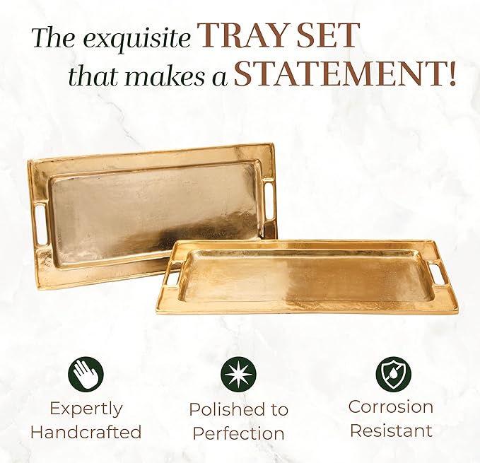 Decorative Gold Trays by Objet D’Art, Beaufort Rectangular Bar Tray for Living Room, Ottoman and Coffee Table, Set of 2 Trays for Candles, Liquor, and Centerpieces