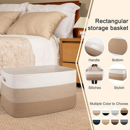 OIAHOMY Large Blanket Basket For Living Room, Rectangle Woven Baskets for Storage, Nursery Toy Storage With Handle-22”x17”x12”-Gradient Light Yellow
