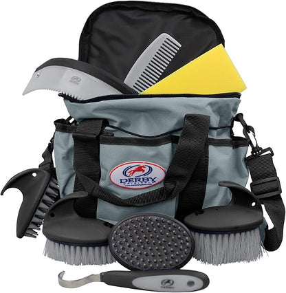 Derby Originals 9Piece Horse Grooming Set with Matching Nylon Carry Bag - Available in 8 Fun Colors, Grey & Black
