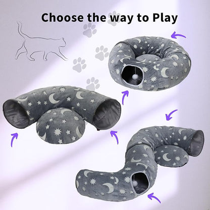 Cat Tunnel Bed for Indoor Cats with Washable Cushion Cat Cave Donut Tunnel with Fluffy Ball Big Round Tube Pet Playground Toys Soft Plush Peekaboo for Kitten, Cat, Puppy, Rabbit, Ferret（Moon Star）