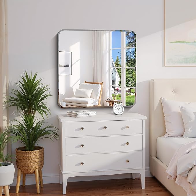 CILIBER Beveled Mirror 30"x30", Square Frameless Bathroom Mirror Rounded Corner