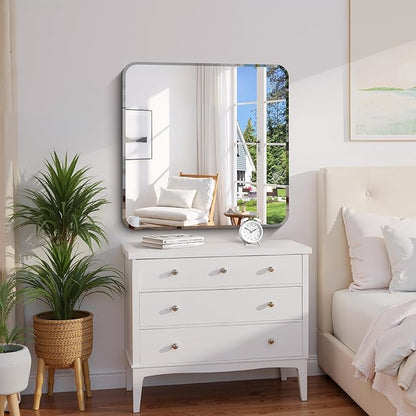 CILIBER Beveled Mirror 30"x30", Square Frameless Bathroom Mirror Rounded Corner