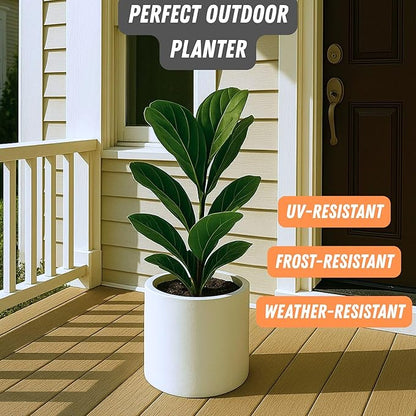 Fox & Fern Large Indoor Planter, Modern Large Plant Pot for Indoor or Outdoor, UV and Frost Resistant - 10 Inch, Matte White Flower Pot with Drainage Plug, Lightweight