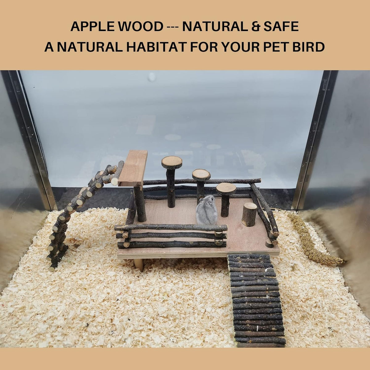 HOSUKKO Hamster Climbing Toys Wooden Hamster Playing Activity Set, Hamster Activity Playground Climb Platform Apple Wood Chewing Toys for Hamster Small Pets (D-Playground with Large Bridge)