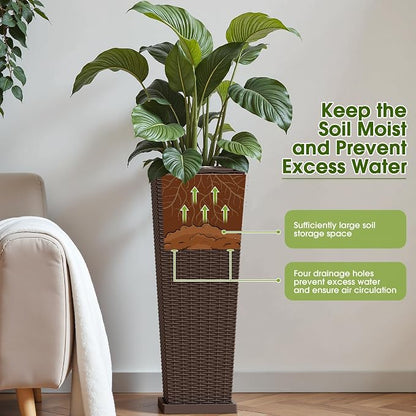 Devoko Resin Tall Planters for Outdoor Plants Set of 2, Large Taper Outdoor Planter Pots with 4 Drainage Holes, Flower Pots Modern Decor for Porch, Patio, Backyard, Garden(Brown, 32" with Trays)
