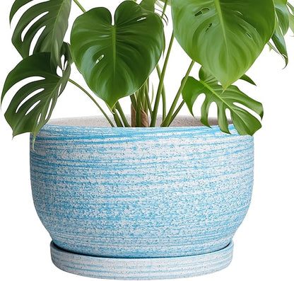 SQOWL Ceramic Plant Pots - 10 Inch Ceramic Flower Pots with Drainage Hole and Saucer, Round Large Planter for Indoor Outdoor, Decorative Modern Planter, Kitchen Decor, House Warming Gifts, Blue