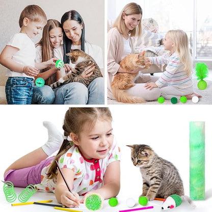 24 Pcs Cat Toys Set Interactive Kitten Toys Pack Including Collapsible Play Tunnel Feather Teaser Wand Fuzzy Ball Springs Pillow Mouse Bells for Indoor Cats Puppy (Green)