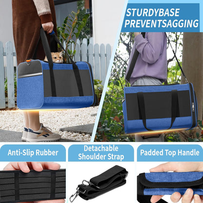 Pet Carrier Large Cats 20 lbs Top Load/Soft Sided Small Dog Travel Carriers/Collapsible Carrier Bag for Medium Cat Puppy/Sturdy Transport Carriers Long Trips/Medium Cats 15 pounds Blue