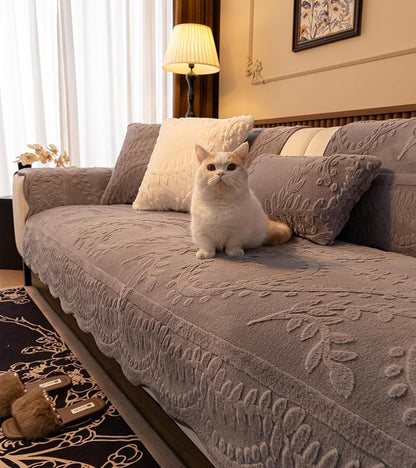 Grey Fuzzy Rabbit Plush Sofa Cover Cozy Warm Sofa Couch Covers with 3D Jacquard Leaf Pattern Non-Slip Easy-to-Install Shaggy Sofa Slipcover Prefect for Kids Dogs Cats Cats(Grey,36"x82")