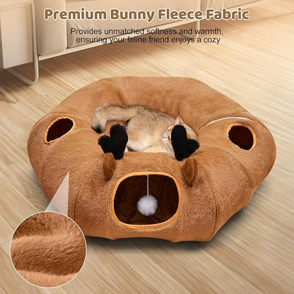Cat Tunnel Bed with 20 Pcs Interactive Toys, 3-in-1 DIY Collapsible Plush Cat Tube with Washable Mat, Large Indoor Play Tunnel Cave for Kittens and Small Animals