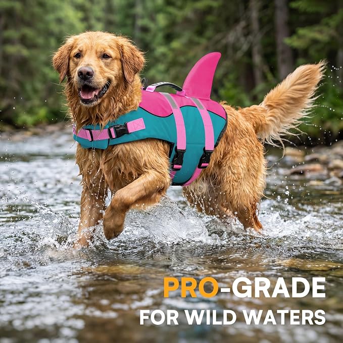 Dog Life Jacket,Dog Life Vest for Swimming,Dog Shark Life Jacket with Rescue Handle,Adjustable Reflective Dog Life Preserver for Small Dog,Green S