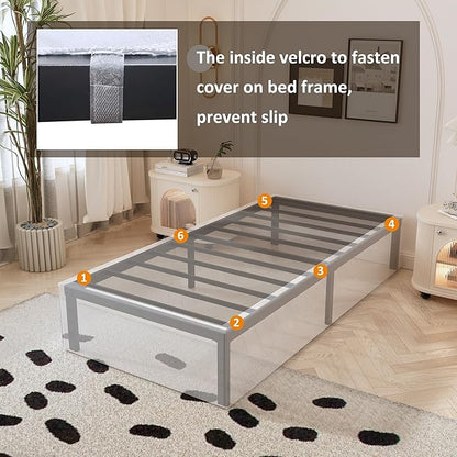 14 Inch XL Twin Bed Frame with White Fabric Cover, Heavy Duty Metal Twin XL Platform Bed Frame, No Box Spring Needed, Support Up to 2500 lbs, Easy Assembly, Noise Free, Black