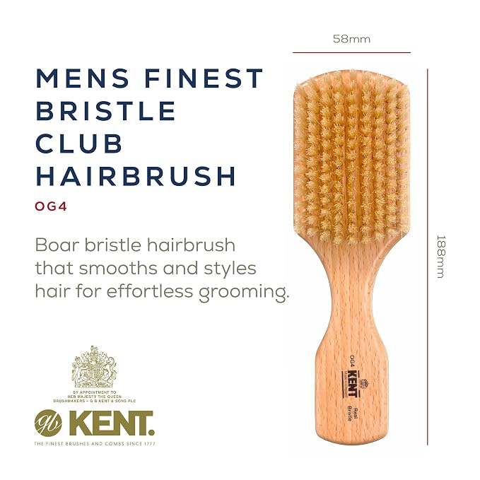 Kent OG4 Rectangular Beachwood Gentlemen's Hair Brush and Facial Brush for Beard Care - Exfoliating Natural Boar Bristle Brush for Mens Grooming, Hair Care, and Beard Straightener for Men's Skin Care