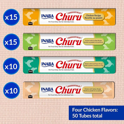 INABA Churu Cat Treats, Lickable, Squeezable Creamy Purée Cat Treat with Green Tea Extract & Taurine, 0.5 Ounces Each Tube, 50 Tubes, Chicken & Seafood Variety
