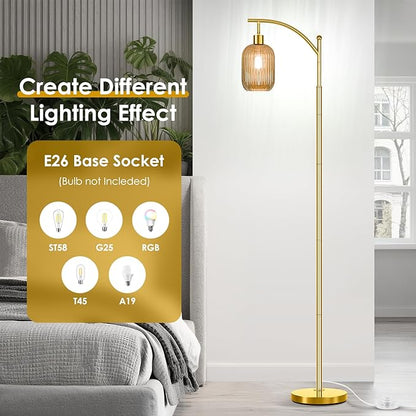Glass Floor Lamp for Living Room, Modern Gold Standing Lamp with Ribbed Glass Lampshade Pedal Switch, 67” Tall Lamp for Bedroom Study Room