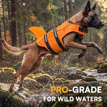 Dog Life Jacket High Flotation, Reflective Dog Life Vest for Swimming, Adjustable Dogs Life Preserver Rescue Handle Spring Summer Pool for Small, Medium, Large Dogs (OrangeLines,XXL)