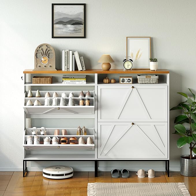 Shoe Storage Cabinet with 2 Flip-Up Doors, Freestanding Hidden Shoe Storage