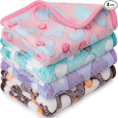Tatuo 4 Pack Fleece Dog Blankets for Puppy Cats Multi-Size Sleep Mat for Pet Guinea Pig Soft Washable Crate Bed Puppy Teething Toys Print Pattern Warm Blanket Indoor(Pastel Color,24 x 16 Inch,Heart)