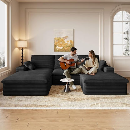 107" Cloud Modular Sectional Sofa with 1 Ottoman, Modern Upholstered Corduroy Couches, Comfort U Shaped Sofa for Living Room, Deep Seat Boneless Couch, No Assembly Required(Black,Left Facing Chaise)