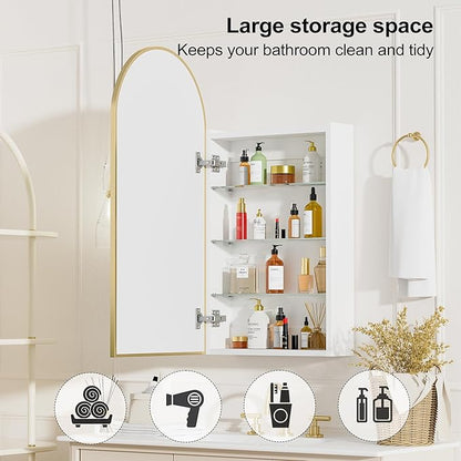 Arched Medicine Cabinet with Mirror, Brushed Gold Medicine Cabinet with Storage