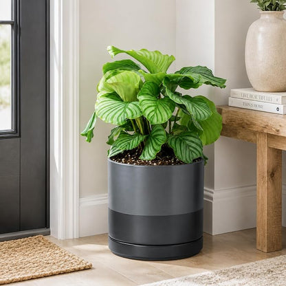 D'vine Dev 10 Inch Ceramic Planter Pot, Slate, 94-O-E-5 | Modern Cylinder Design, Drainage Hole & Saucer Included, Stable Structure, Elegant Home Accent
