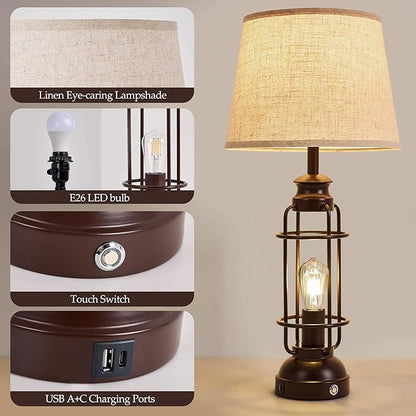 28" Table Lamps for Living Room Set of 2,3 Way Dimmable Touch Lamps with USB A+C Ports,Farmhouse Table Lamps for Bedroom,Industrial Lamp for Living Room End Tables,4 Bulbs Included