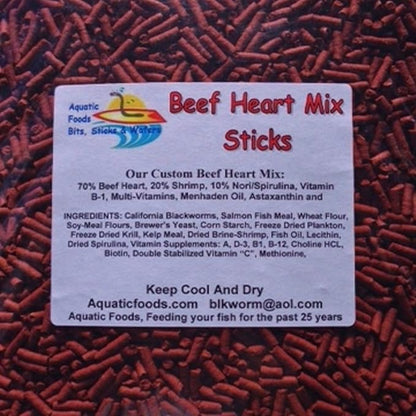 Aquatic Foods Inc. Beef Heart Mix Sinking Sticks, APX 1/8" x 7/16" Sticks Consisting of Beef Heart, Shrimp, Spinach, Nori, Natural Astaxanthin, Discus, Cichlids, All Tropical Fish - 1/4-lb