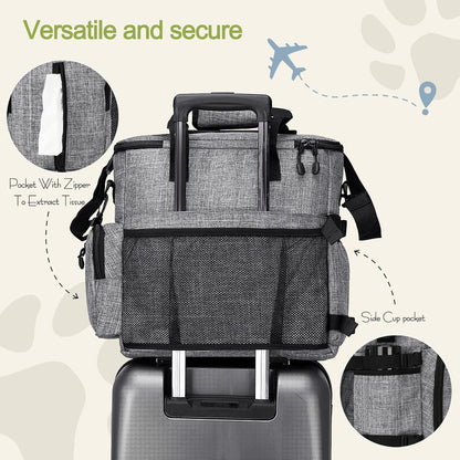 Dog Travel Bag,Weekend Pet Travel Bag Set for Dog and Cat,Airline Approved Tote Multi-Function Dog Bags for Traveling,Include 2 Collapsible Bowls,2 Food Storage Containers,1 Feeding Mat,Gray