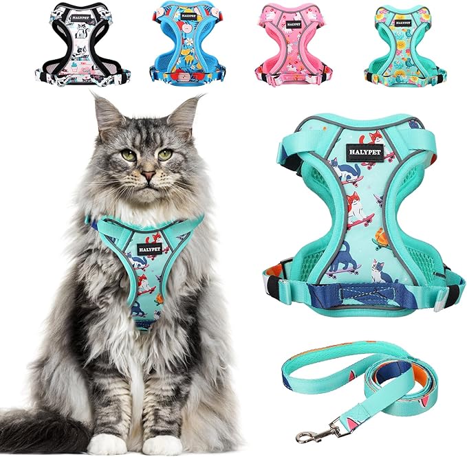Halypet Cat Harness and Leash Set[MAX Safety 4th-Gen] Cute Escape Proof Vest Harness for Girl&Boy Cat Walking, Comfortable Adjustable Leash and Reflective Strips for Outdoor Kitten, M Purrfect Green