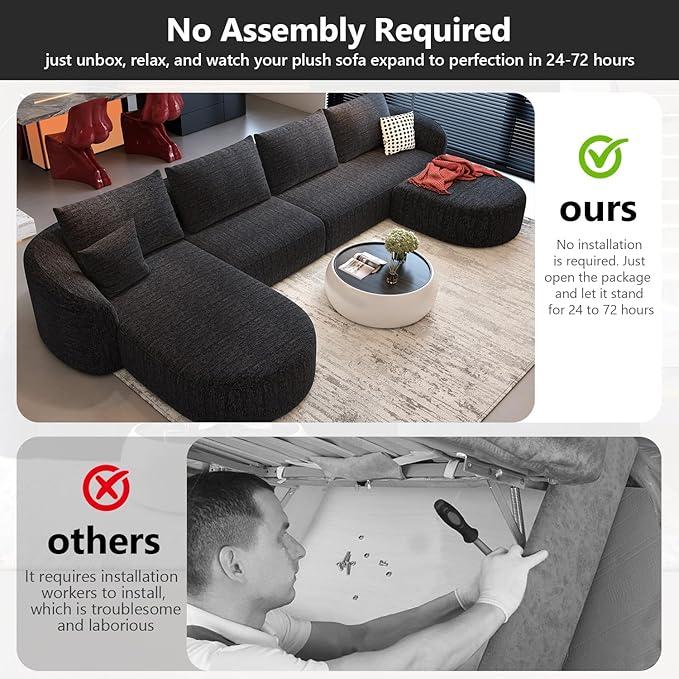 138.6" Modular Sectional Couches Luxury Modern Curved Back U-Shape Sofa Set with Ottoman,Minimalist Comfy Boneless Cloud Couch for Living Room Apartment,(Left Facing Chaise,Black)