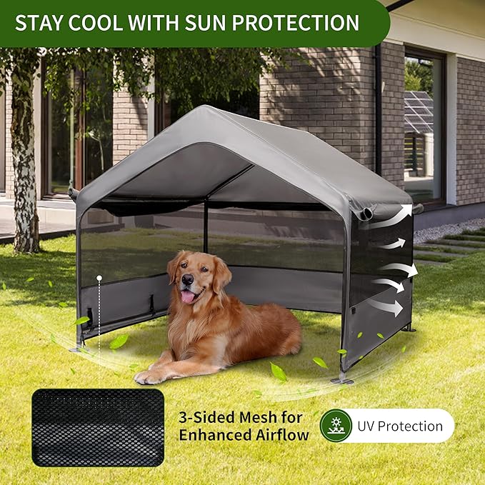Summertrail Extra Large Dog House Outside, Dog Tent Outdoor, Big Dog Shade Shelter Doghouse Canopy with Three-Sided Breathable Mesh Windows, Gray Sun Rain Cover for Pet Cat Livestock 4'x 4'x 3.3'
