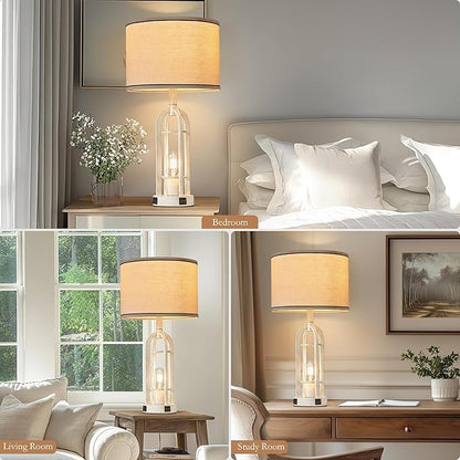 Farmhouse Table Lamps for Living Room Set of 2 - Rustic Industrial Lamps for Night Stands with Night Light & USB A+C, 24" Vintage Bedside Lamp for Bedroom, Bulbs Included