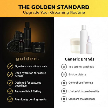 Golden Grooming Co. Beard Care Kit for Men - 5pc Grooming & Growth Set includes Beard Shampoo, Balm, Oil, Wood Comb & Boar Bristle Brush - Men's Self Care Gift Bundle